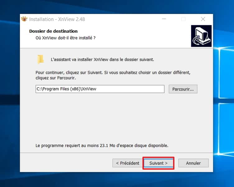 Vous pouvez changer le dossier de destination de XnView. © XnSoft