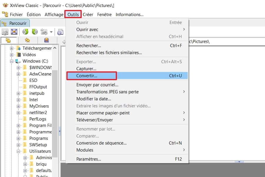 Cliquez sur « Outils » puis « Convertir » pour ajouter le dossier des images à traiter. © XnSoft