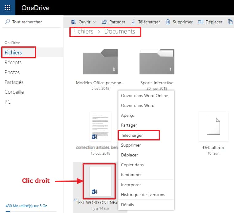 Vous pouvez télécharger un document Word Online directement depuis OneDrive. © Microsoft 