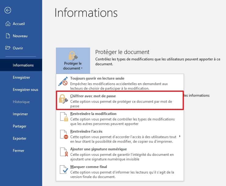 Protégez votre document Word avec un mot de passe. © Microsoft