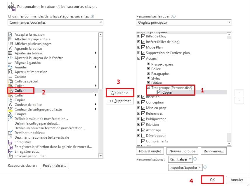 Ajoutez les commandes que vous voulez à l’intérieur du groupe sélectionné. © Microsoft