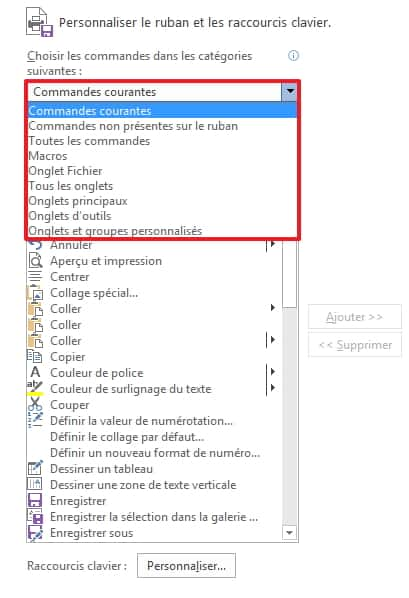 Toutes les commandes sont accessibles <em>via</em> le menu déroulant. © Microsoft