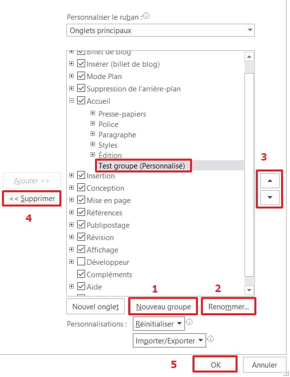 Les opérations de personnalisation des groupes sont identiques à celles des onglets. © Microsoft.