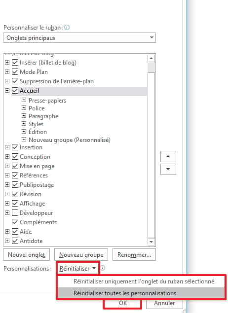 Réinitialiser les personnalisations des onglets du ruban en deux clics. © Microsoft