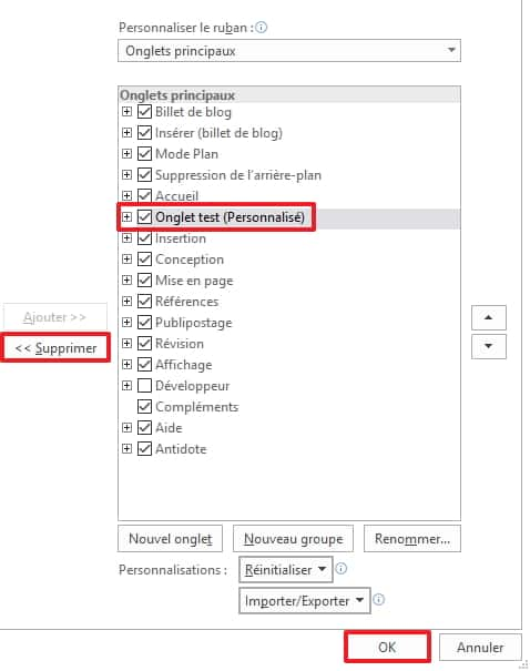 Seuls les onglets personnalisés sont supprimables. © Microsoft