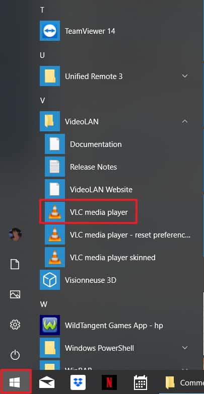 VLC se trouve dans le dossier VideoLAN du menu « Démarrer » de Windows. © VideoLAN Organization