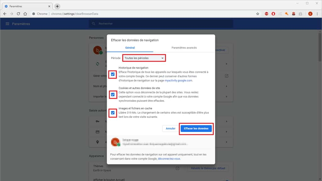 Après avoir choisi « Toutes les périodes » et coché toutes les cases, vous pouvez effacer les données. © Google