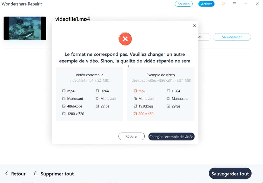 Échantillon non conforme signalé par Wondershare Repairit © Wondershare