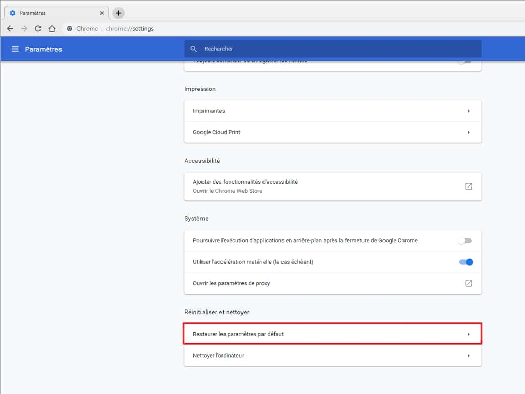 L’option pour restaurer Google Chrome se trouve en bas de la page des paramètres. © Google