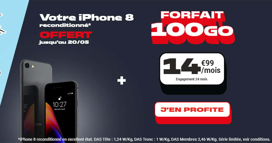 Un Iphone 8 offert pour toute souscription au forfait 100Go à seulement 14,99€ /mois par mois © NRJ Mobile 