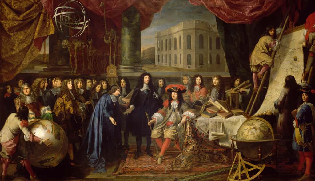 Colbert présente les membres de l'Académie des sciences au roi Louis XIV ; par Henri Testelin en 1667. Château de Versailles. © Wikimedia Commons, domaine public