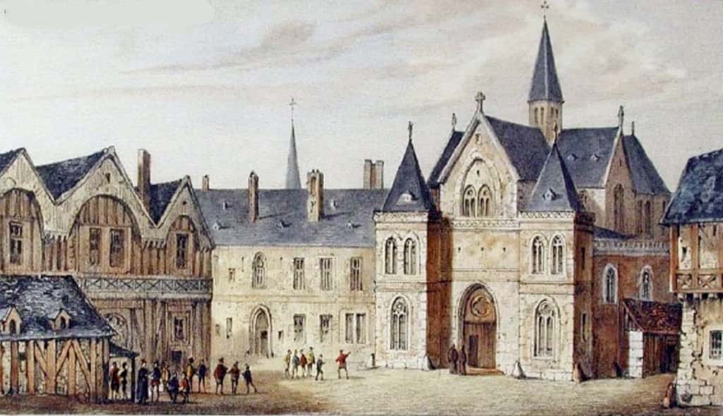 Vue du collège de Sorbonne vers 1550, tableau de Nousveaux et Pernot daté de 1850. Wikimedia Commons, domaine public