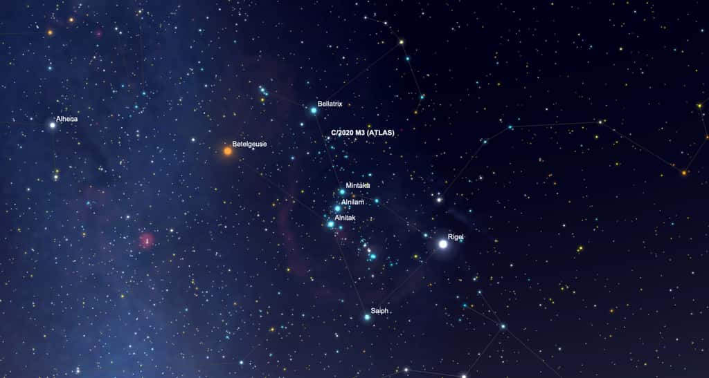 Orion et ses principales étoiles. Le 13 novembre, C/2020 M3 (Atlas) approche de la guerrière Bellatrix. © SkySafari