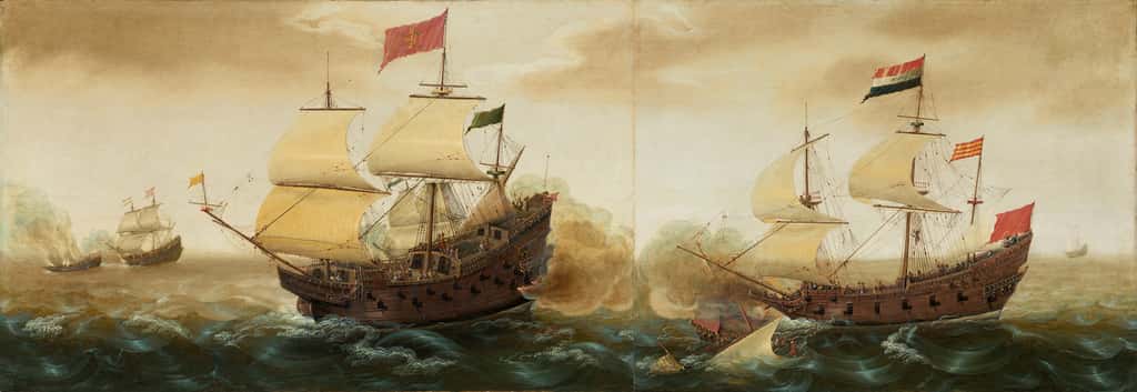 Bataille navale entre un galion espagnol et un navire hollandais, par Cornelis Verbeeck vers 1620. <em>National Gallery of Art</em>, Washington D.C., USA. © <em>Wikimedia Commons</em>, domaine public.