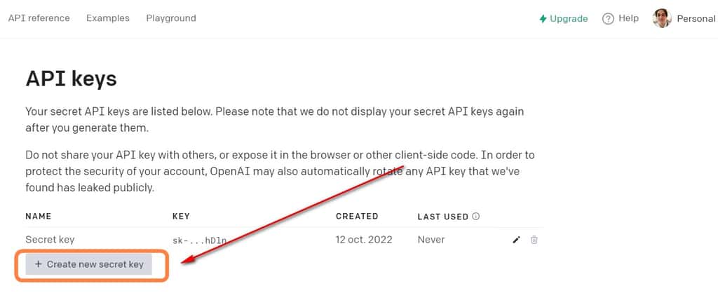 Le bouton pour créer une clé secrète OpenAI. © OpenAI
