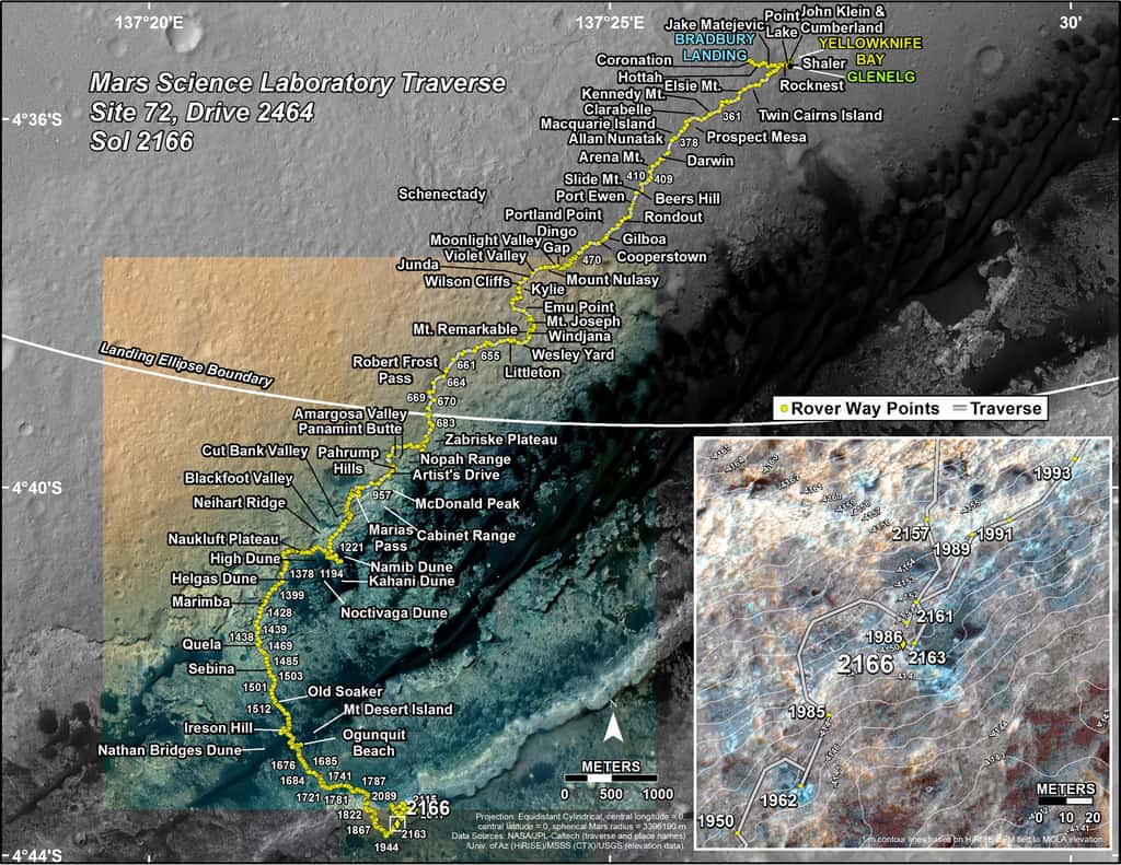 Position de Curiosity lors de son 2.166<sup>e</sup> jour martien (ou sol), soit le 18 septembre 2018 sur Terre. Le rover a déjà parcouru 19,75 kilomètres depuis son arrivée dans le cratère Gale. © Nasa, JPL-Caltech, <em>Univ. of Arizona</em>