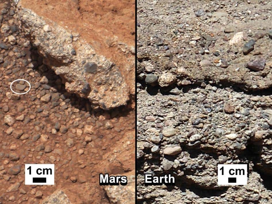 À gauche, vue du sol de Mars où les cailloux d’un ancien lit de rivière sont arrondis. À droite, un ancien lit de rivière sur Terre. Quand la rivière s’est asséchée, les galets se sont retrouvés noyés dans un ciment de matériaux sédimentaires. © Nasa/JPL-Caltech