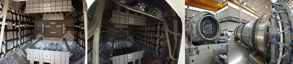 L'intérieur du deuxième module pressurisé du Cygnus et son sas d'entrée. À droite, gros plan sur les biellettes qui permettent de relier le module au module de service construit par Orbital Sciences. © Rémy Decourt