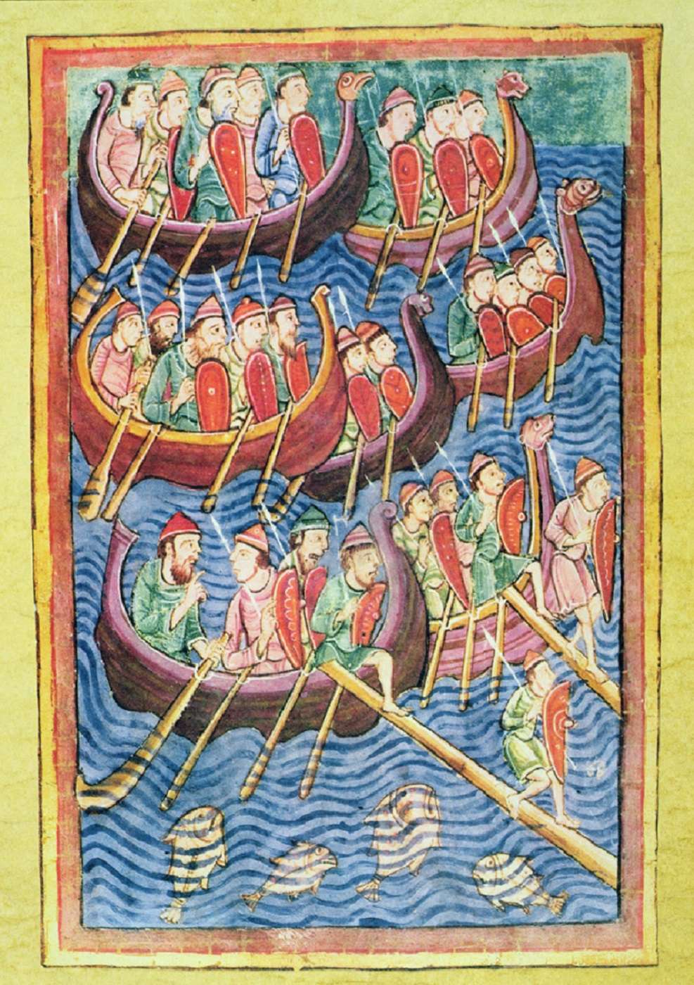 Enluminure : débarquement d'une flotte viking en Angleterre, fin IXe siècle ; manuscrit "Anglo-Saxon Chronicle", Xe siècle. Bymuseum, Oslo, Norvège. © Bridgeman Images.
