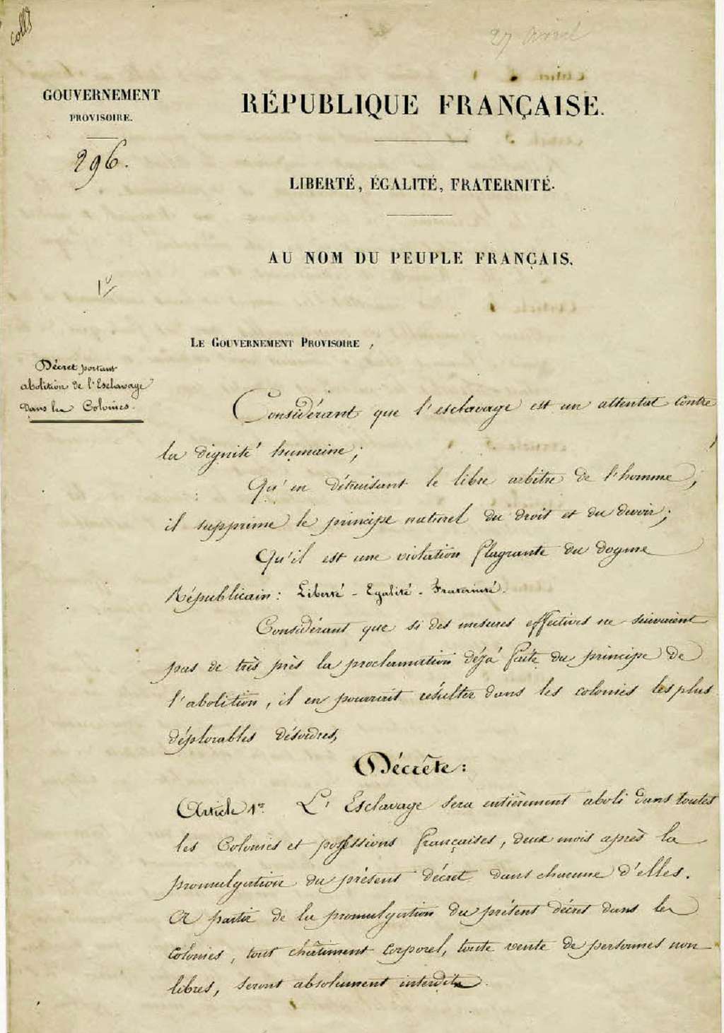 "Décret portant abolition de l'esclavage dans les colonies", 27 avril 1848, première page. Archives nationales de France, cote BB/30/1125/A/296. © Wikimedia Commons, domaine public. 