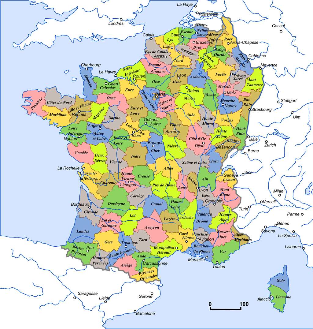 Carte des 113 départements français en 1801. © Wikimedia Commons, domaine public