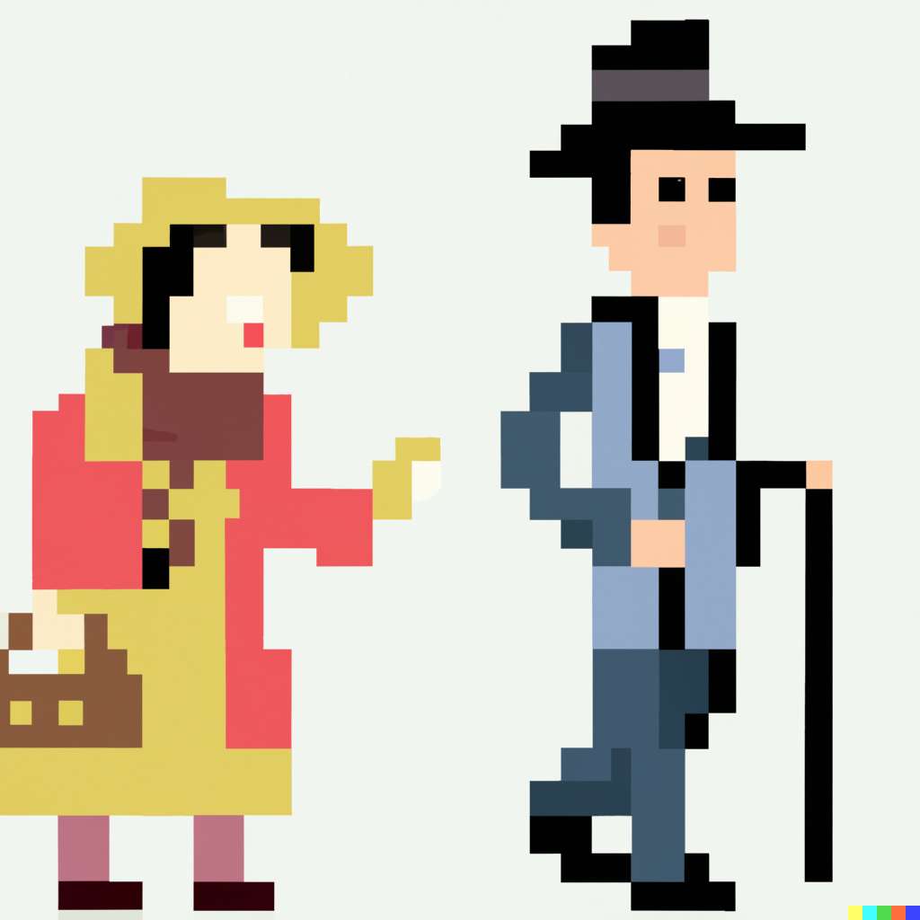 Cette image a été générée en tapant le texte : « <em>Sherlock Holmes marchant à côté d’une vieille dame, pixel art </em>». © dall.e 2