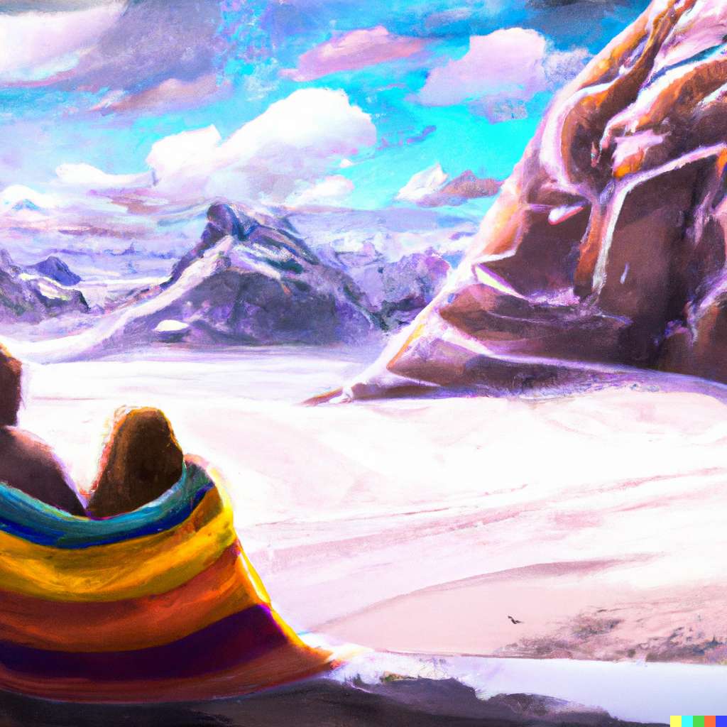 Image générée par Dall.e 2 à partir du texte : «<em> un couple dans la chaleur d’une grande couverture regarde le stupéfiant panorama d’un champ de glace, digital art</em> ». © dall.e 2