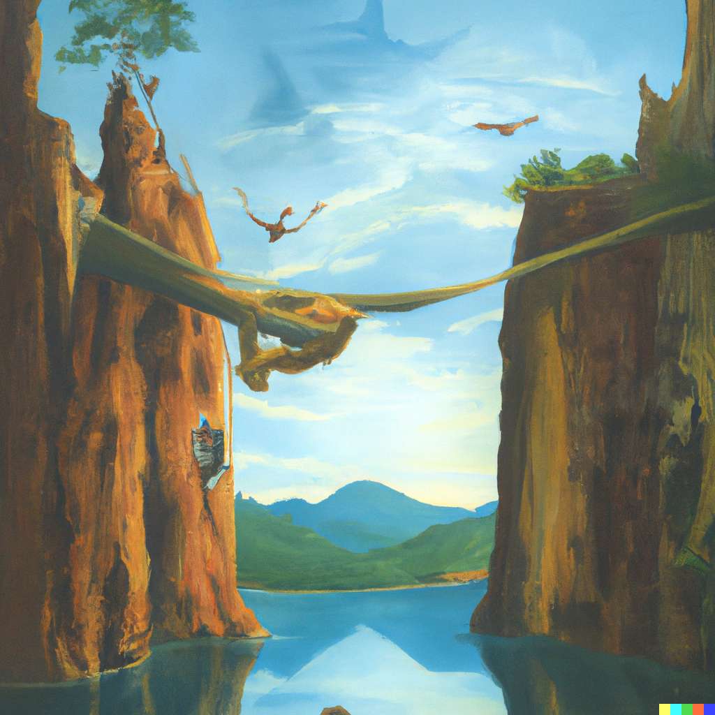 Dall.e 2 a généré cette image à partir du texte : « <em>un énorme pont reliant deux falaises avec des dinosaures dans le gouffre, peinture à l’huile</em> ». © dall.e 2