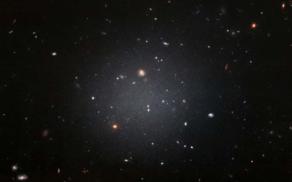 NGC 1052-DF2 réside dans le groupe dominé par une galaxie elliptique massive appelée NGC 1052. Cette grande galaxie à l'apparence floue est si diffuse que les astronomes peuvent voir clairement les galaxies lointaines derrière elle.&nbsp;Hubble a pris cette image le 16 novembre 2017 en utilisant son&nbsp;Advanced Camera for Surveys. © Nasa, ESA et P. van Dokkum (université de Yale)
