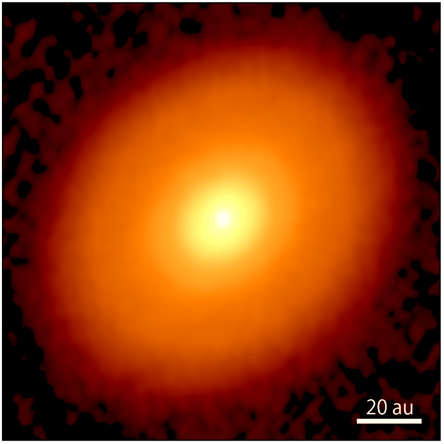 Une image en fausses couleurs prise par Alma à haute résolution du disque protoplanétaire entourant DG Taurus à une longueur d'onde de 1,3 mm. L'apparence lisse, dépourvue de structures en forme d'anneau, indique une phase précédant de peu la formation des  planètes. © Alma (ESO/NAOJ/NRAO), S. Ohashi et <em>al.</em>