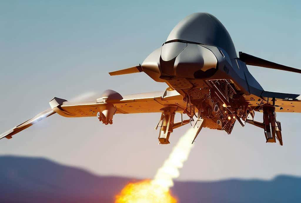 Image d’illustration d’un drone tirant un missile. © Sylvain Biget, Bing Image Creator