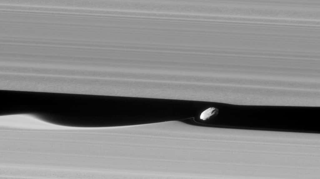 Le petit satellite Daphnis creuse des vagues dans les anneaux qu’il frôle. © Nasa, JPL-Caltech, <em>Space Science Institute</em>