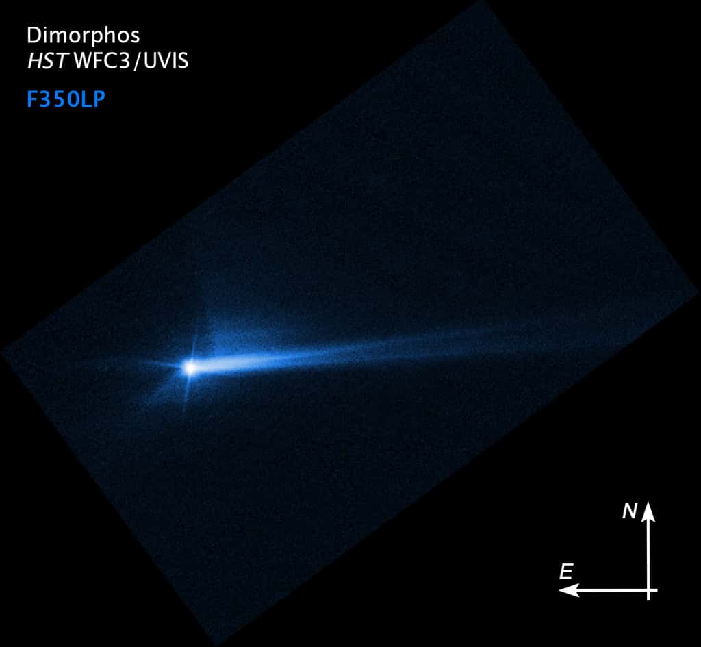Cette image du télescope spatial Hubble du 8 octobre 2022 montre les débris projetés de la surface de Dimorphos 285 heures après que l'astéroïde a été intentionnellement impacté par le vaisseau spatial Dart de la Nasa le 26 septembre. La forme de cette queue a changé au fil du temps. Les scientifiques continuent d'étudier ce matériau et son déplacement dans l'espace, afin de mieux comprendre l'astéroïde. © Nasa, ESA, STScI, Hubble