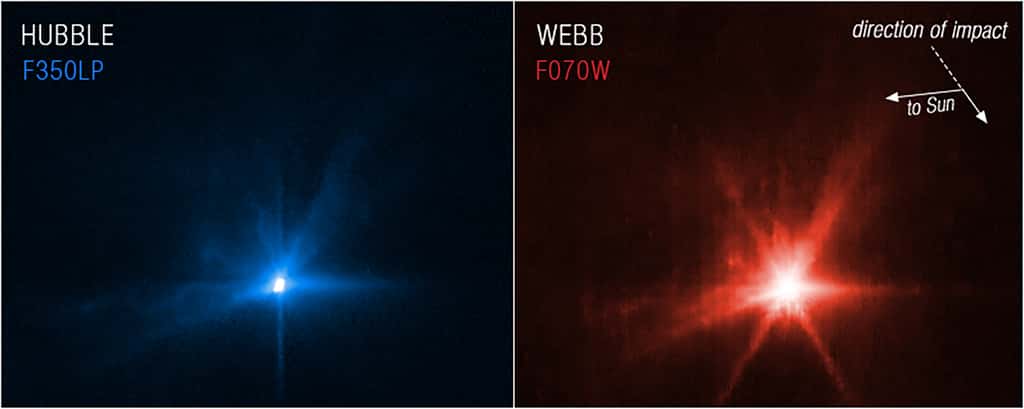 Ces images, Hubble à gauche et Webb à droite, montrent des observations de Dimorphos plusieurs heures après que Dart a intentionnellement percuté l'astéroïde. © Nasa, ESA, CSA, and STScI