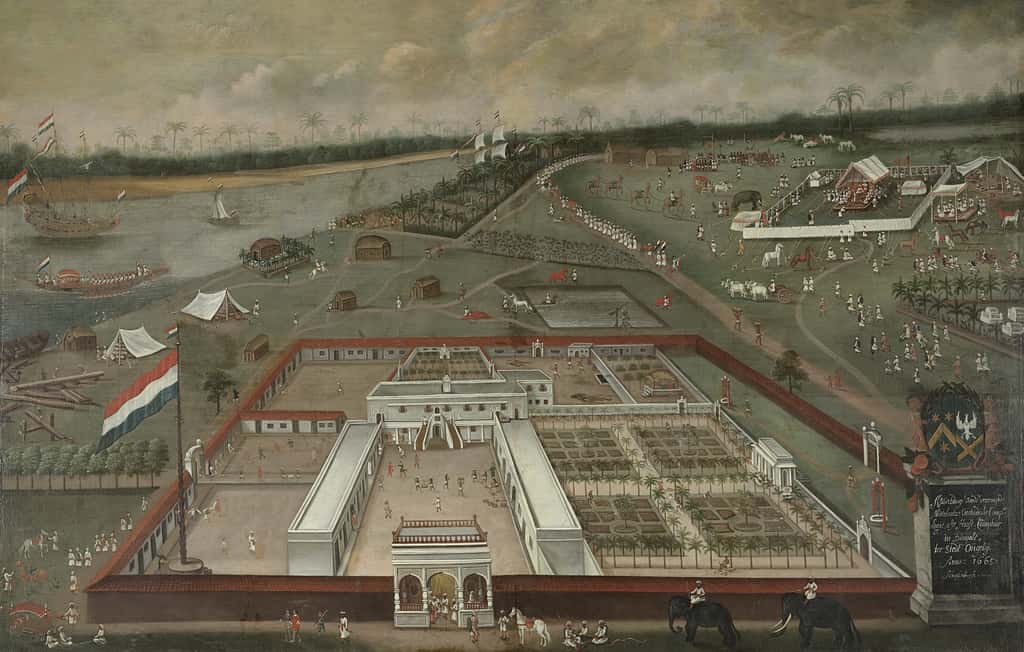 Comptoir de commerce de la VOC à Hougly au Bengale (Inde), par Hendrik van Schuylenburgh, 1665. Rijksmuseum, Amsterdam. © <em>Wikimedia Commons</em>, domaine public