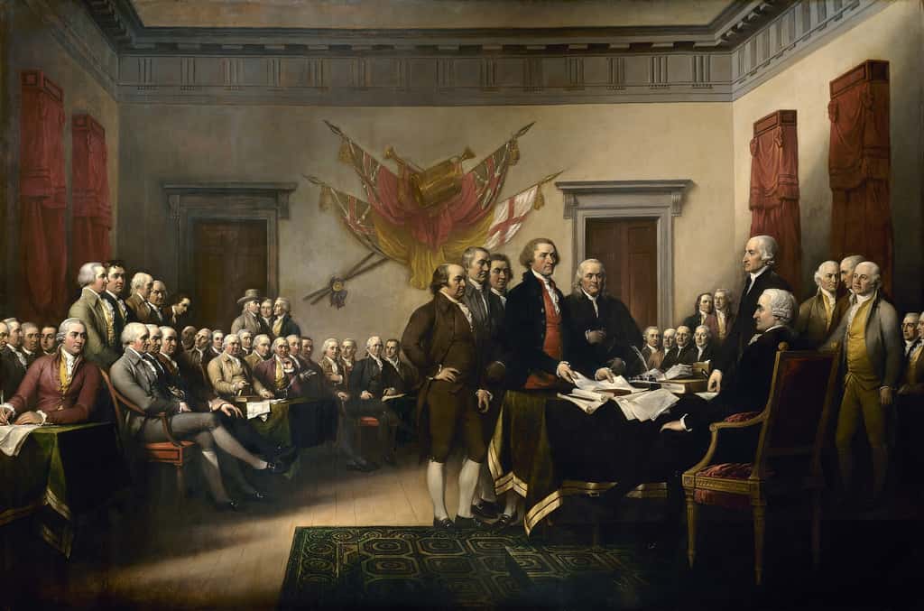 Déclaration d’indépendance américaine ; commission des Cinq déposant le texte de la Déclaration devant le Congrès, juillet 1776. Tableau peint par John Trumbull en 1819. © Capitole des États-Unis, domaine public