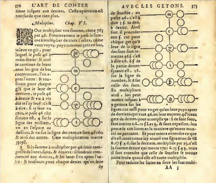 Extrait de « <em>L’Arithmétique, l’Art de calculer aux Getons</em> » de Jean Trenchant, pages 372 et 373. © revue.sesmath.net