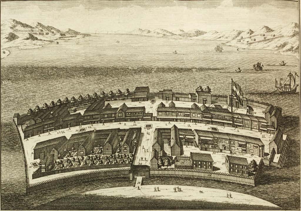 Îlot de Deshima dans la baie de Nagasaki, par Thomas Salmon en 1725. Bibliothèque universitaire de Maastricht, Pays-Bas. © <em>Maastricht University Library</em>, domaine public