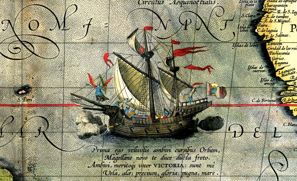 Détail d'une carte où figure le Victoria, l'un des navires de Magellan © Ortelius, <em>Wikimedia Commons</em>, domaine public