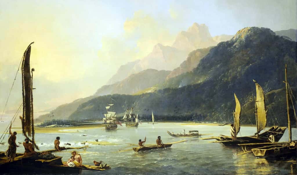 Deux navires de James Cook (Le <em>Resolution</em> et l'<em>Adventure</em>) dans la baie de Matavai, Tahiti (deuxième voyage), par William Hodges en 1776. <em>National maritime museum</em>, Greenwich, Londres. © <em>Wikimedia Commons</em>, domaine public.