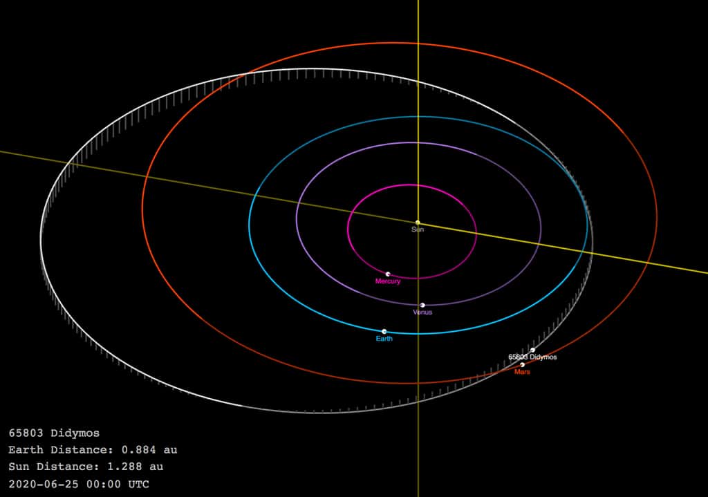 Autour du Soleil, l'orbite de Didymos (en blanc) et des planètes : Mercure en rose, Vénus en violet, la Terre en bleu et Mars en rouge. © JPL Small-Body Database 