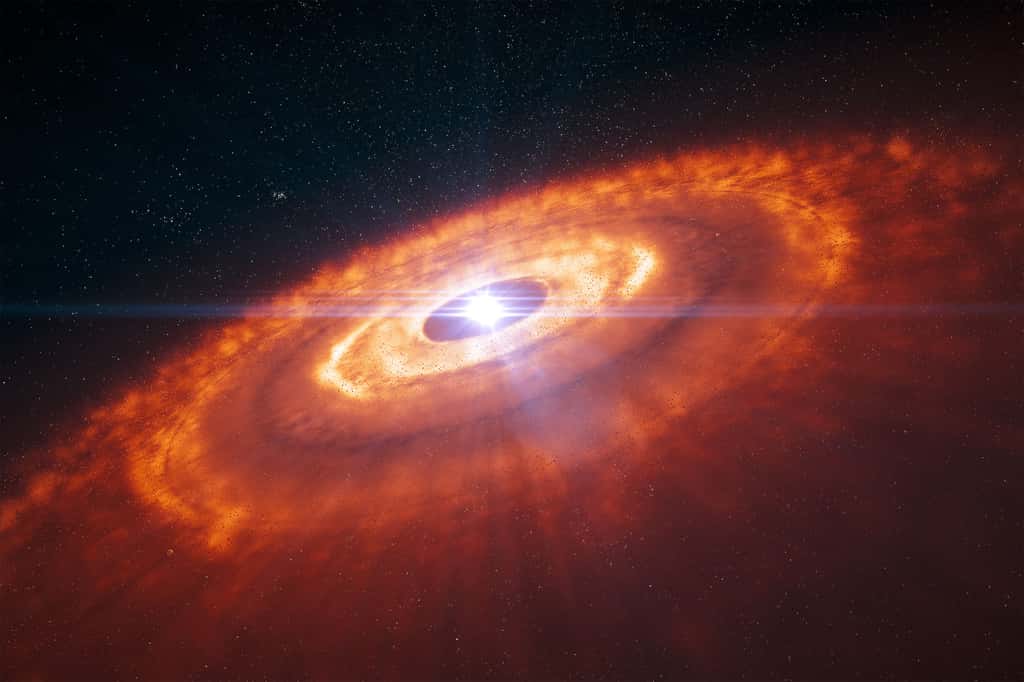 Vue d’artiste d’une jeune étoile entourée par un disque protoplanétaire dans lequel des planètes sont en train de se former. © ESO/L. Calçada