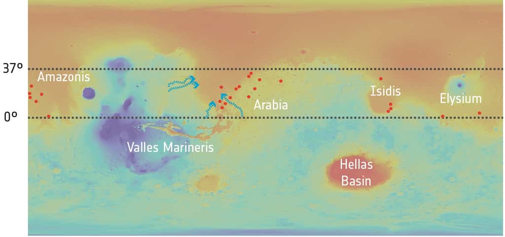 Les 24 cratères étudiés, aussi appelés bassins d'impact, sont indiqués par des points rouges. Ils se trouvent dans la zone équatoriale nord de Mars, une région frontière entre les hautes terres australes (bleu et vert) et les plaines basses boréales (rouge et orange). © <em>Topography</em>: Nasa/MGS/MOLA; <em>Crater distribution:</em> Francisco Salese <em>et al.</em> (2019)