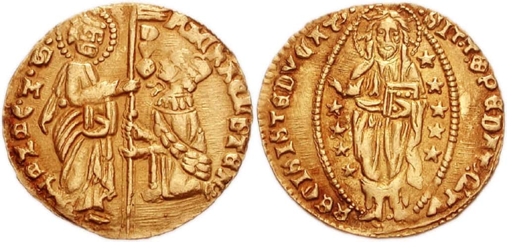 Ducat en or de Venise, 21 mm - 3,5 g ; frappé entre 1400 et 1413. Photo CNG. © Wikimedia Commons, domaine public.