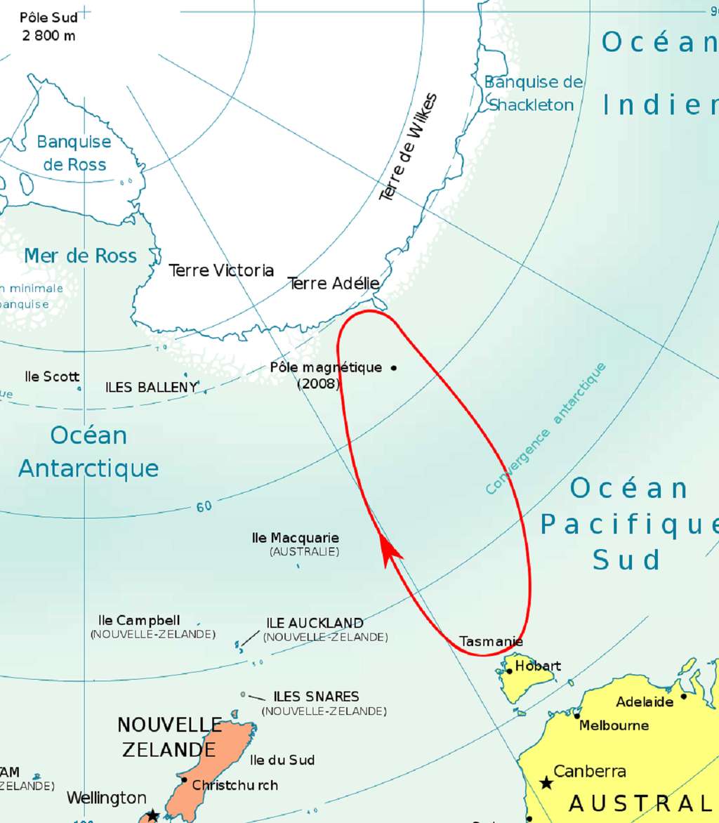 Carte du trajet de Dumont d'Urville depuis la Tasmanie (Hobart) jusqu'en Terre Adélie en 1840. Auteur : Bourrichon, 2008. © Wikimedia Commons, domaine public.