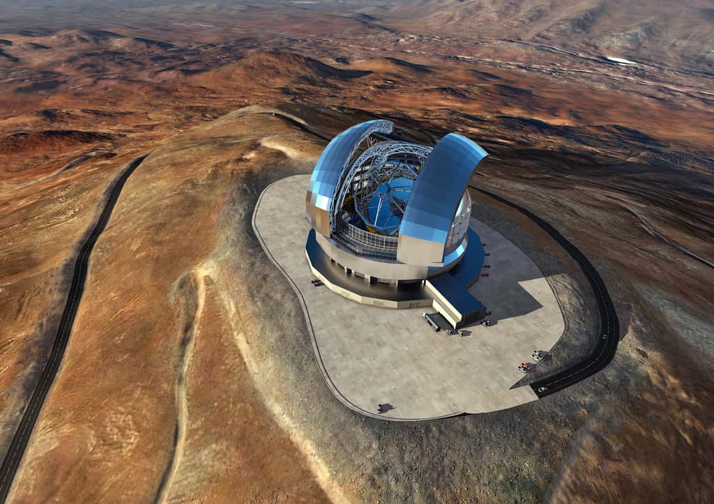 Vue d'artiste du télescope géant de l'ESO (E-ELT), dont la construction a débuté au Chili. Cet observatoire, doté d'un miroir primaire de 39 mètres, sera installé au sommet du Cerro Armazones. Sa mise en service et ses premières lumières sont prévues en 2026. © ESO, L. Calçada, ACe Consortium