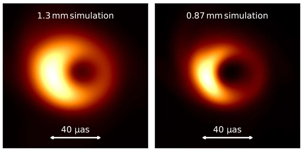 Ces images simulées par ordinateur montrent l'émission près de l'horizon des événements d'un trou noir ressemblant à Sgr A* à des longueurs d'onde d'observation de 1,3 mm (à gauche) et de 0,87 mm (à droite). Elles mettent en évidence la quantité de détails que l'on peut observer lors de l'observation d'un trou noir à des longueurs d'onde plus courtes. La barre horizontale indique une échelle angulaire de 40 microarcsecondes. © Christian M. Fromm, <em>Julius-Maximilian University, Würzburg</em>