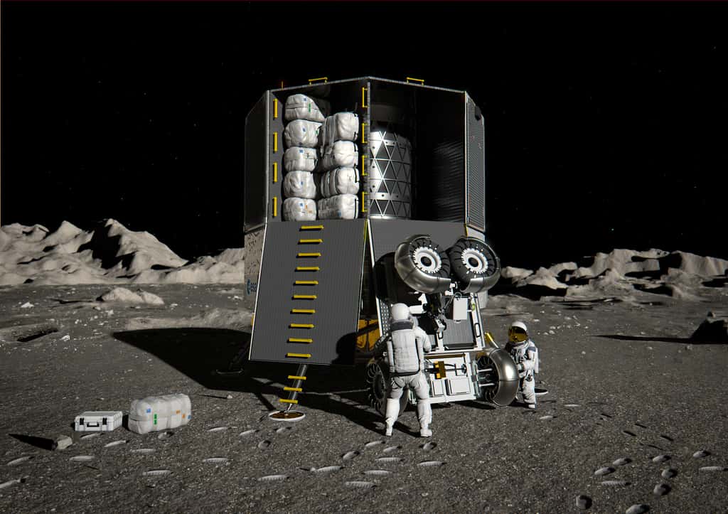 L'atterrisseur lunaire EL3 de l'Agence spatiale européenne. Ce système de transport autonome pourra servir à la logistique de support des missions Artemis avec la capacité de transporter jusqu'à 1,7 tonne de fret vers n'importe quel endroit de la surface lunaire. © ESA, ATG Medialab
