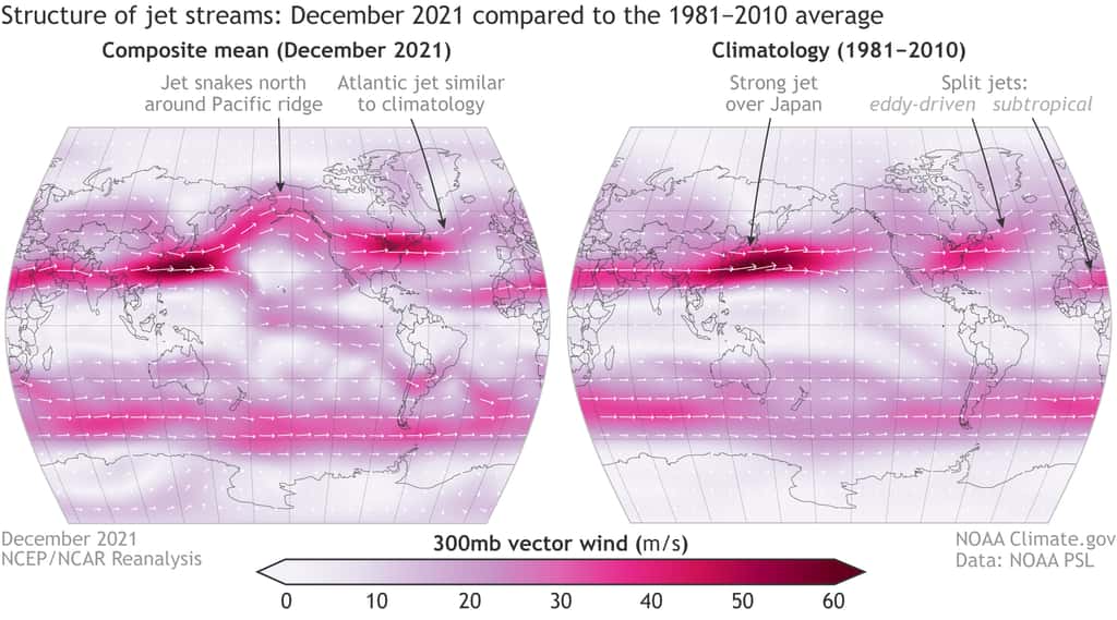 Les ondulations de jet streams en décembre 2021 comparées à la moyenne des ondulations 1981-2010. © NOAA