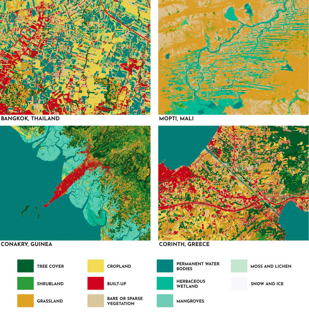Exemple de cartes qui montrent à un instant T l'état des sols et leur utilisation, du couvert environnementale avec différentes « couches ». © Esri